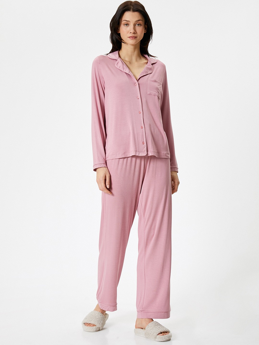 

Koton Lapel Collar Long Sleeves Shirt With Pyjamas, Purple