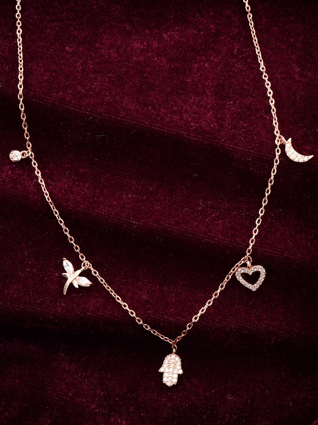 PRIONI 925 Sterling Silver Rose Gold-Plated CZ-Studded 5 Charms Necklace