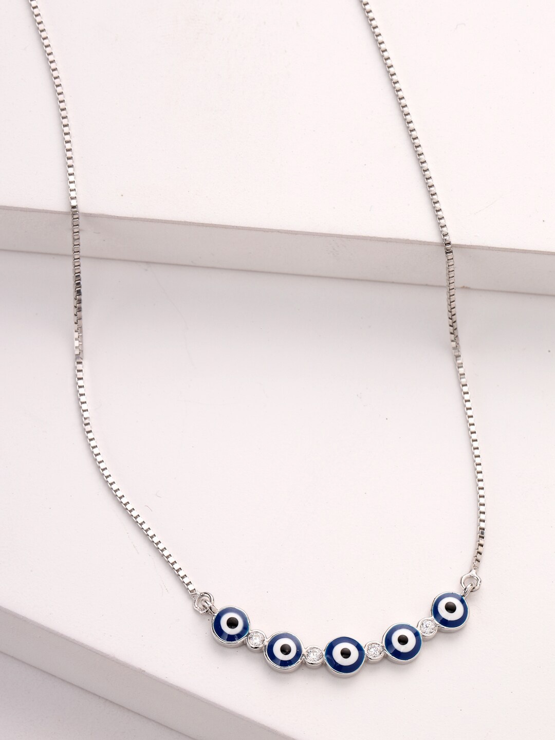 

PRIONI 925 Sterling Silver Rhodium-Plated CZ-Studded Evil Eyes Necklace