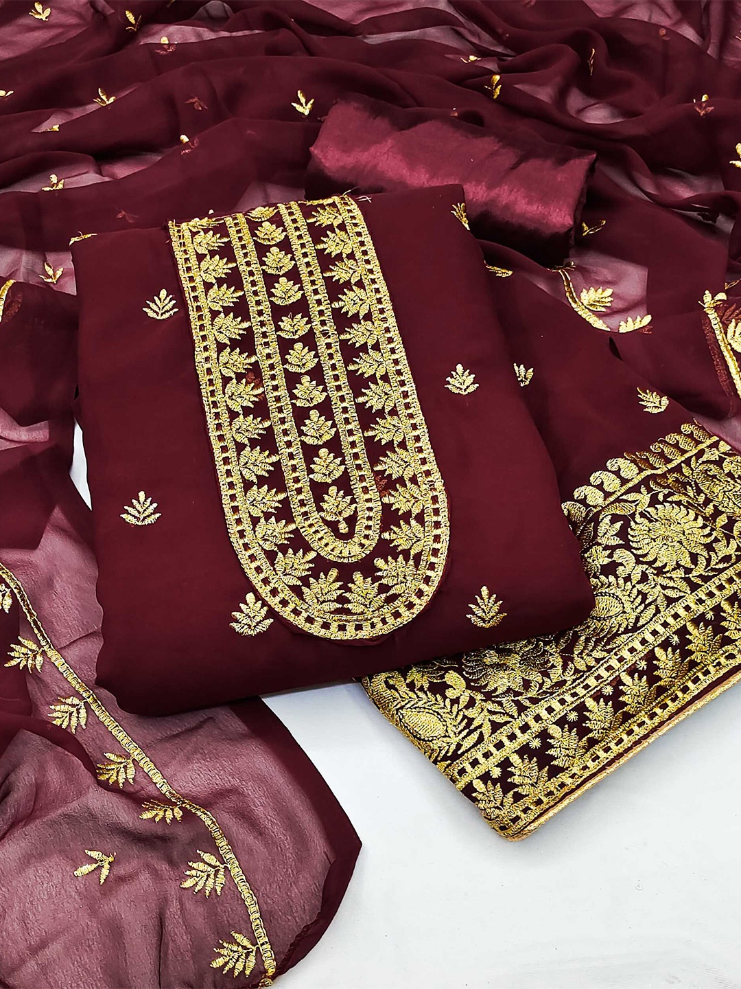 

Panzora Floral Embroidered Unstitched Dress Material, Maroon