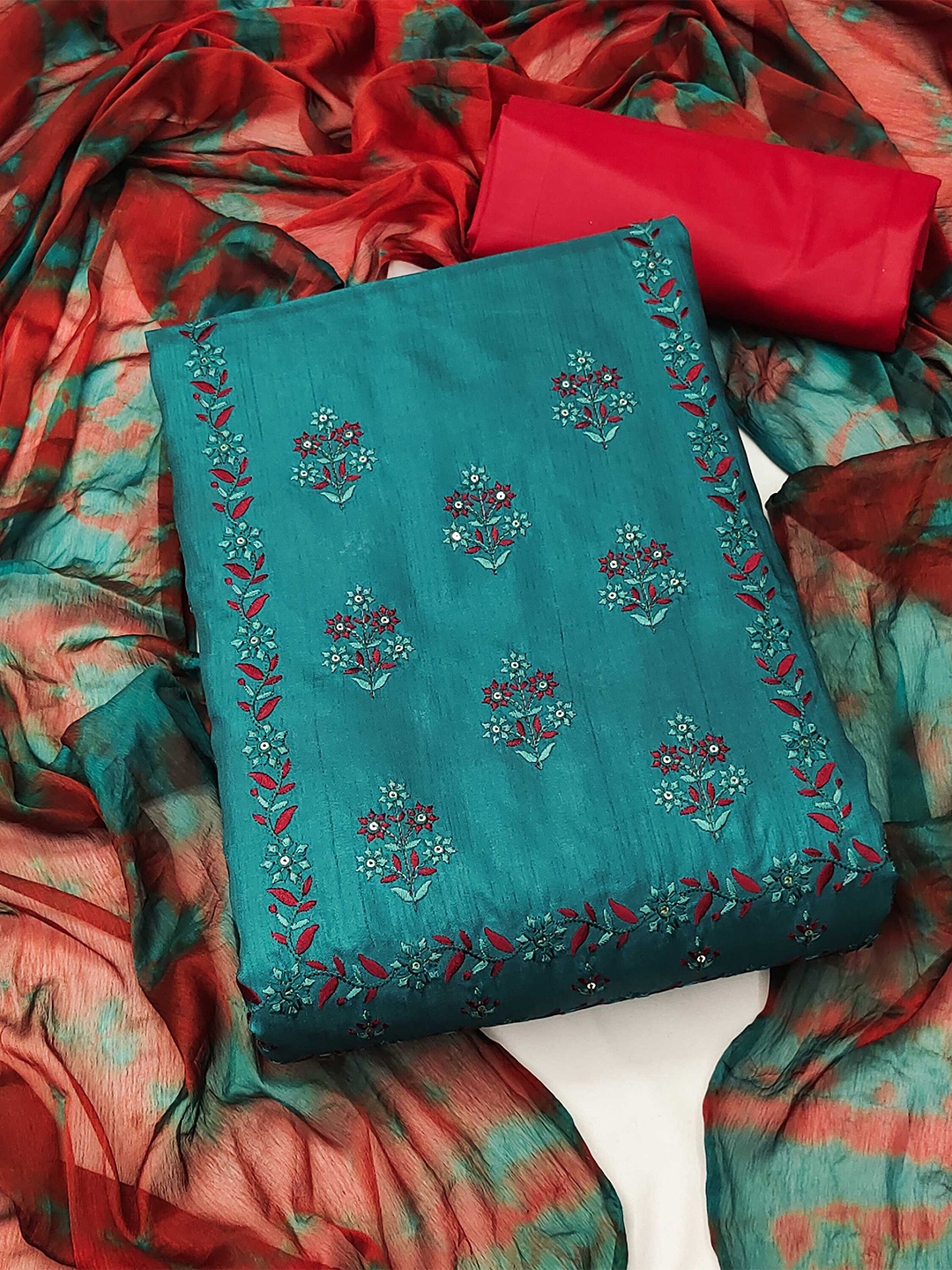 

Panzora Floral Embroidered Unstitched Dress Material, Blue