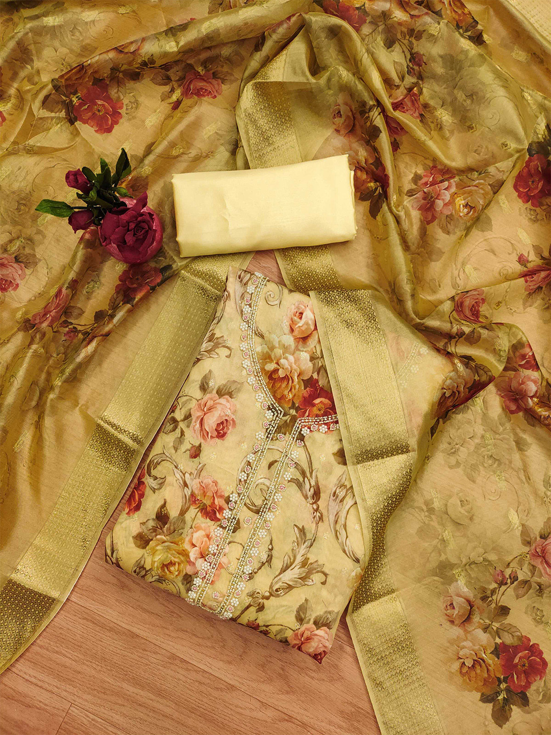 

Panzora Floral Printed Unstitched Dress Material, Yellow