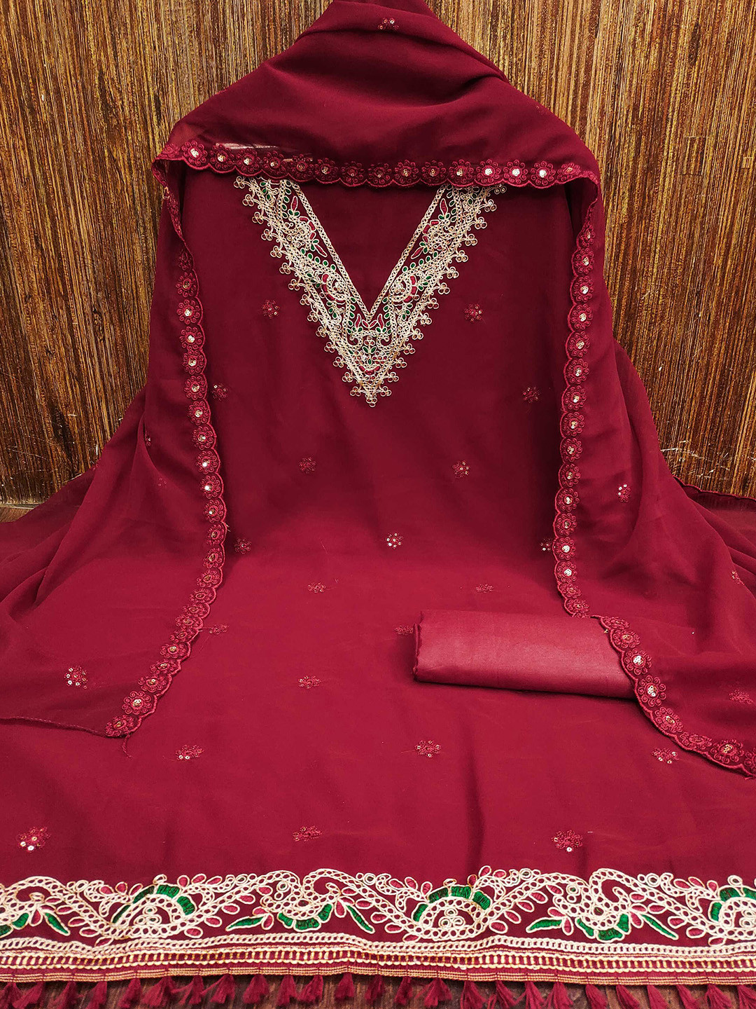 

Panzora Floral Embroidered Unstitched Dress Material, Red