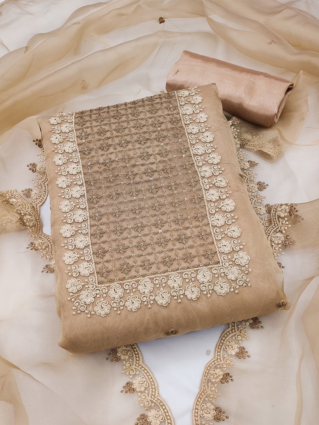 

Panzora Floral Embroidered Organza Unstitched Dress Material, Beige