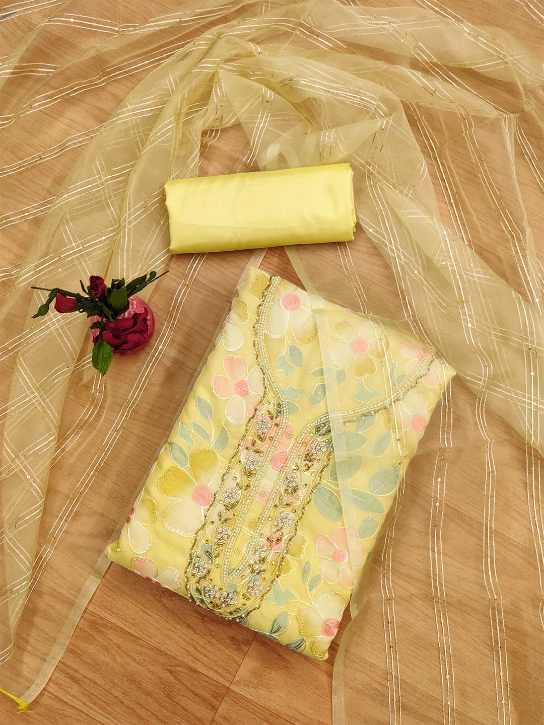 

Panzora Floral Embellished Organza Unstitched Dress Material, Yellow