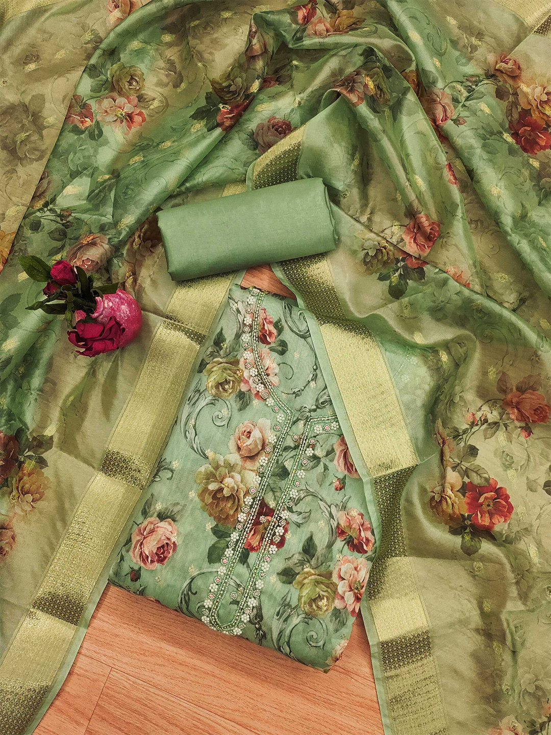 

Panzora Floral Printed Unstitched Dress Material, Green