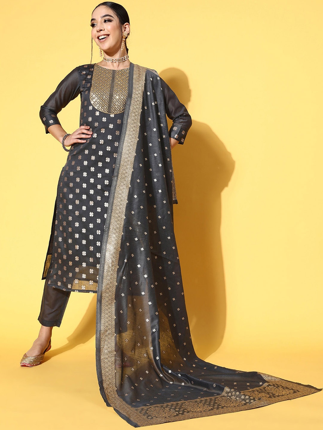 RAJGRANTH Ethnic Motifs Woven Design Chanderi Silk Straight Kurta With Trousers & Dupatta, Grey