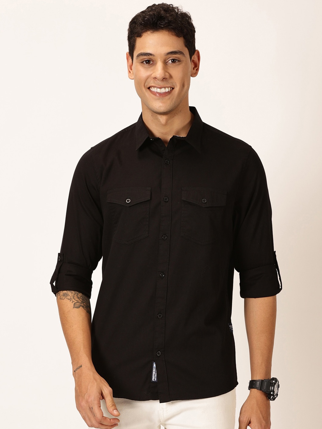 Provogue Premium Slim Fit Spread Collar Roll Up Sleeves Pure Cotton Casual Shirt, Black