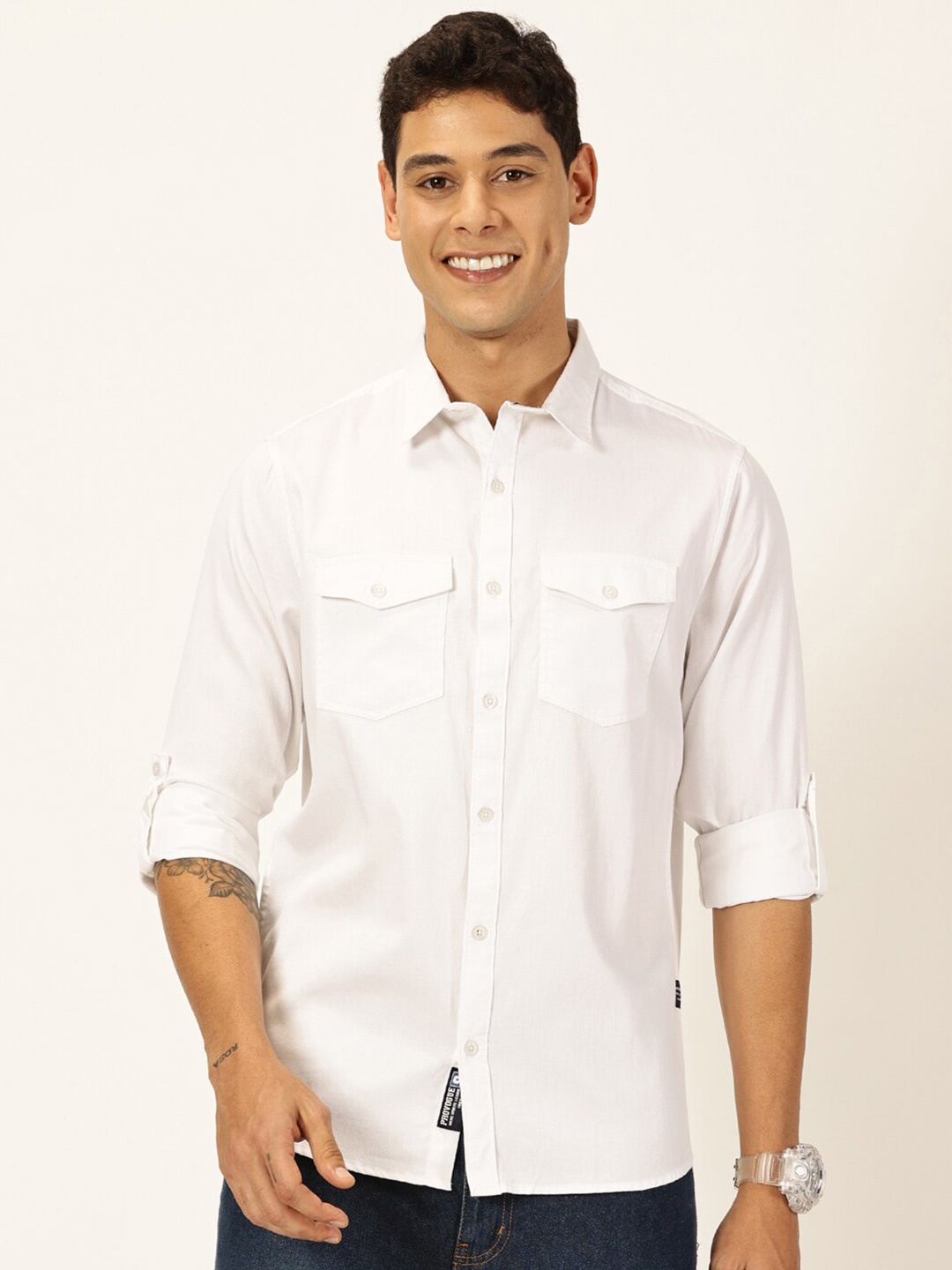 

Provogue Premium Slim Fit Spread Collar Roll Up Sleeves Pure Cotton Casual Shirt, White