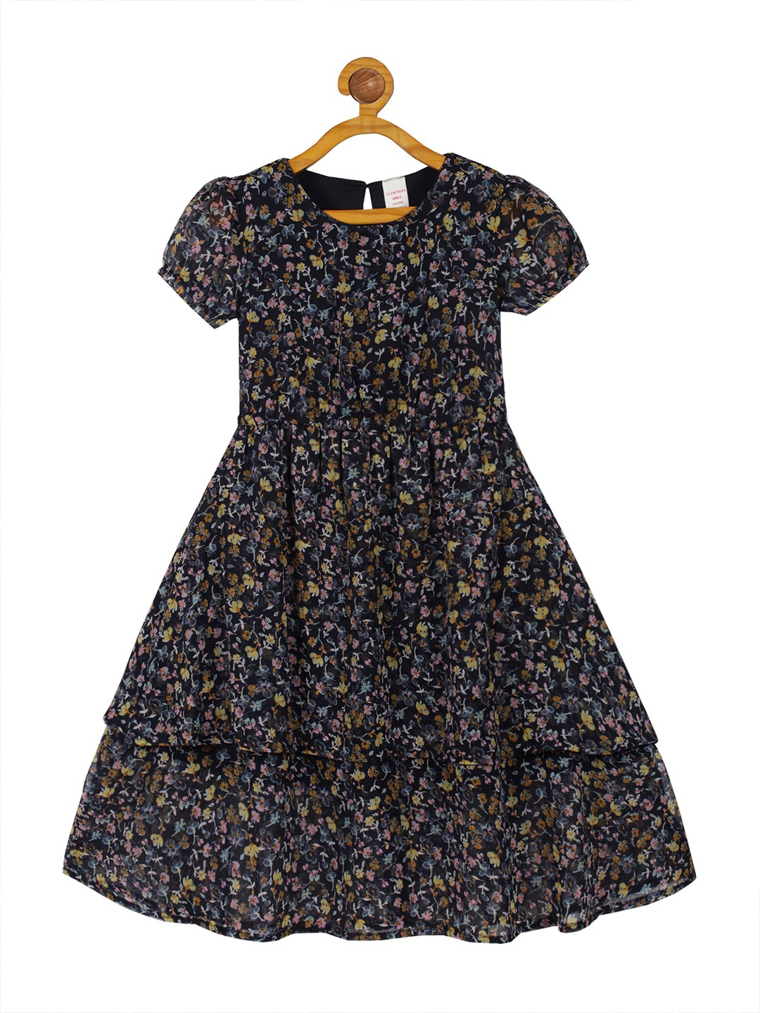

PLUM TREE Girls Floral Print Puff Sleeve Chiffon A-Line Dress, Navy blue