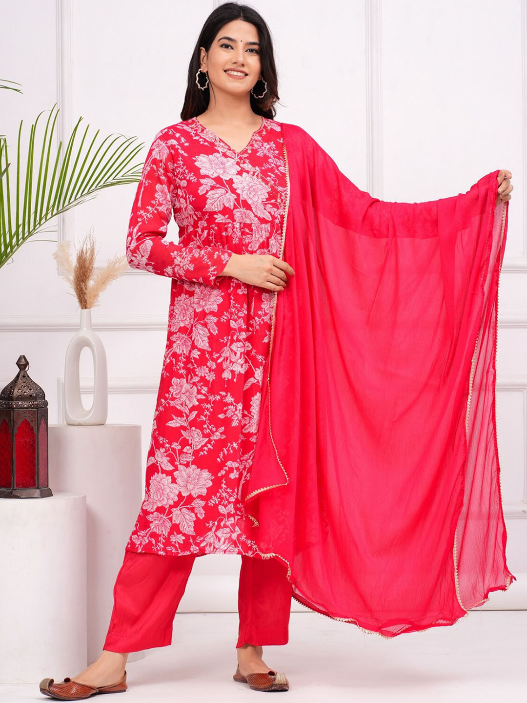 

KALINI Floral Yoke Design Regular Beads and Stones Straight Kurta with Trousers & Dupatta, Pink