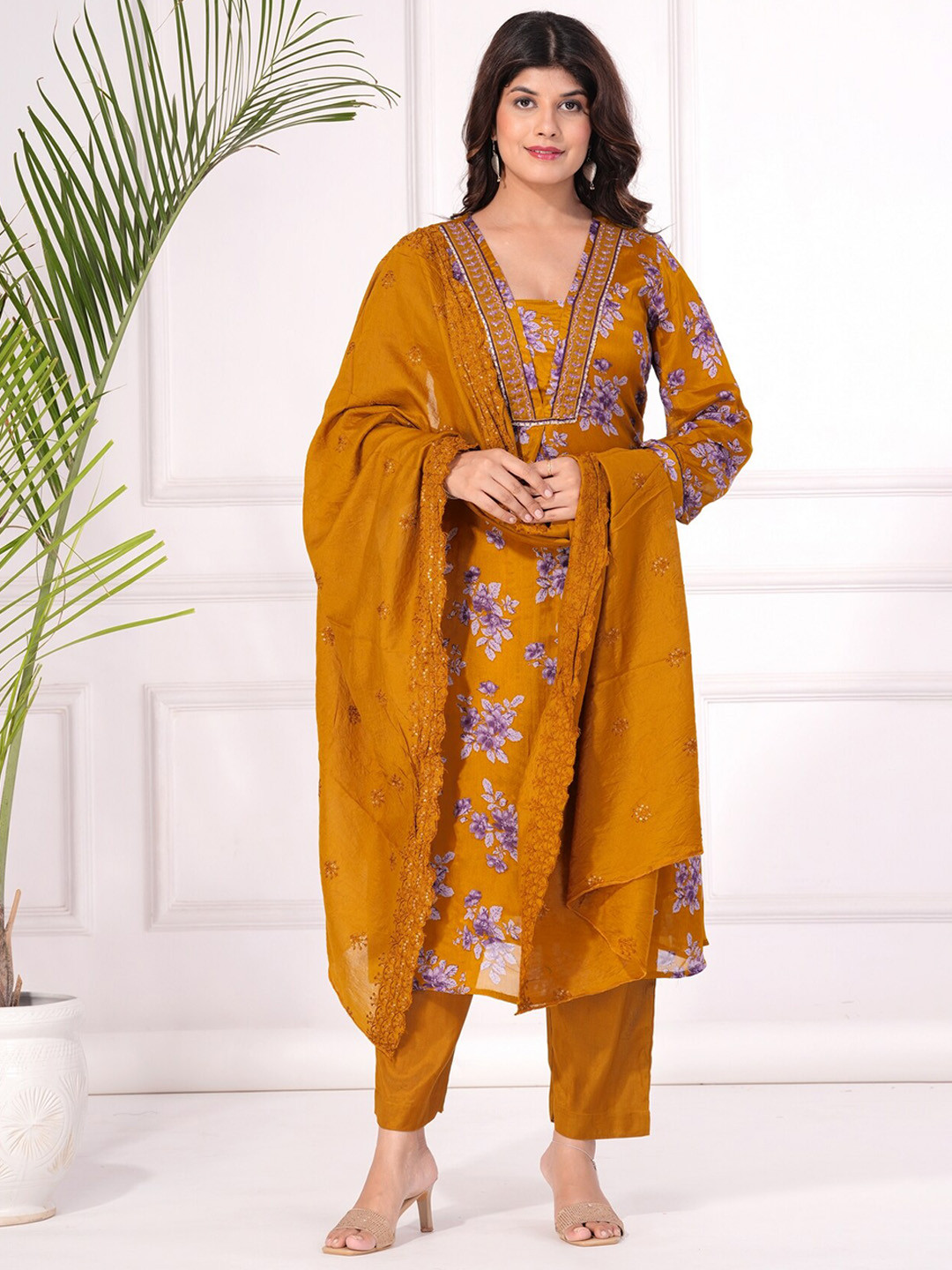 

KALINI Women Floral Printed Regular Beads and Stones Kurta with Trousers & With Dupatta, Yellow