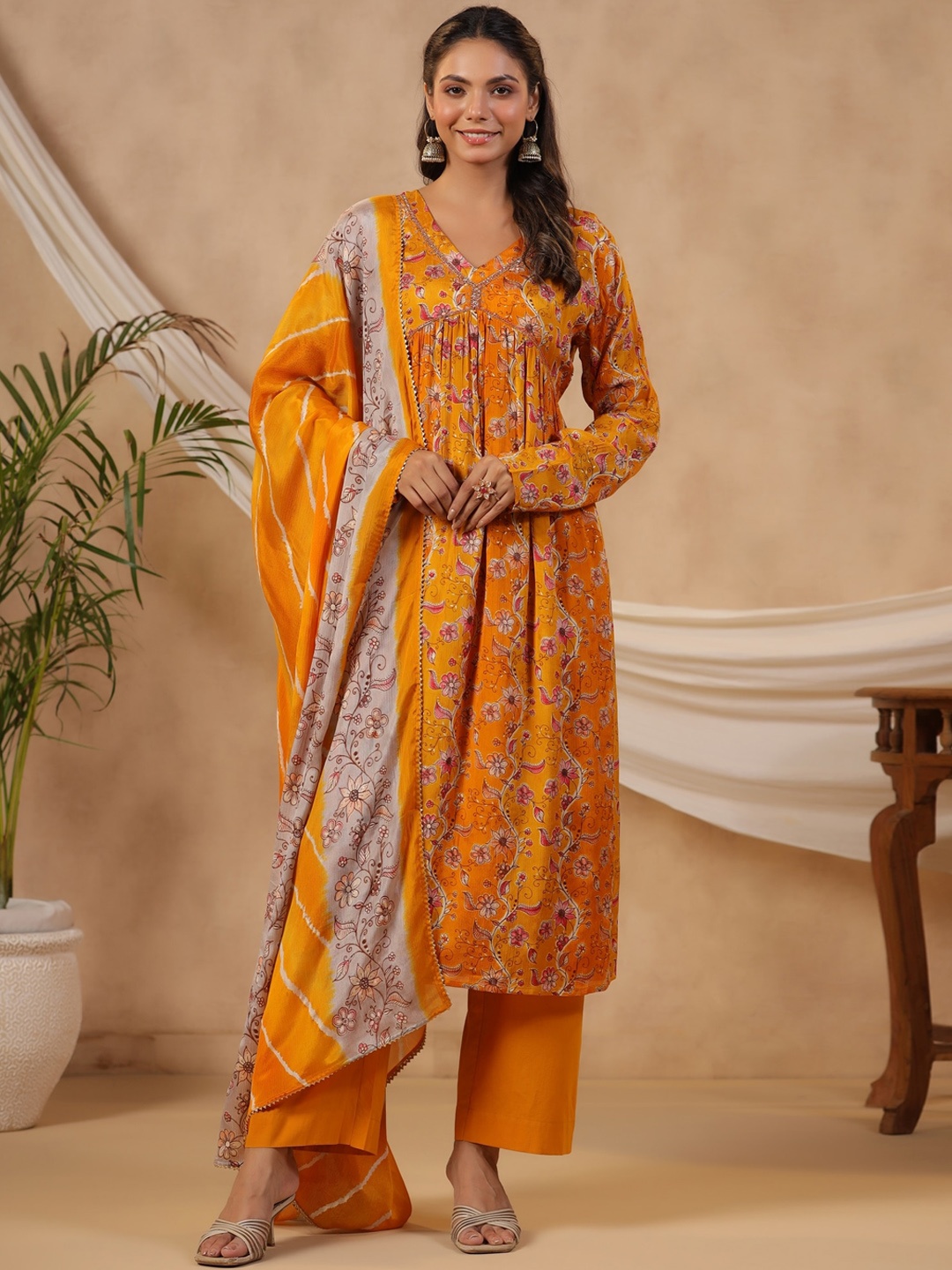 KALINI V-Neck Floral Printed Empire Beads and Stones Kurta with Trousers & Dupatta, Mustard