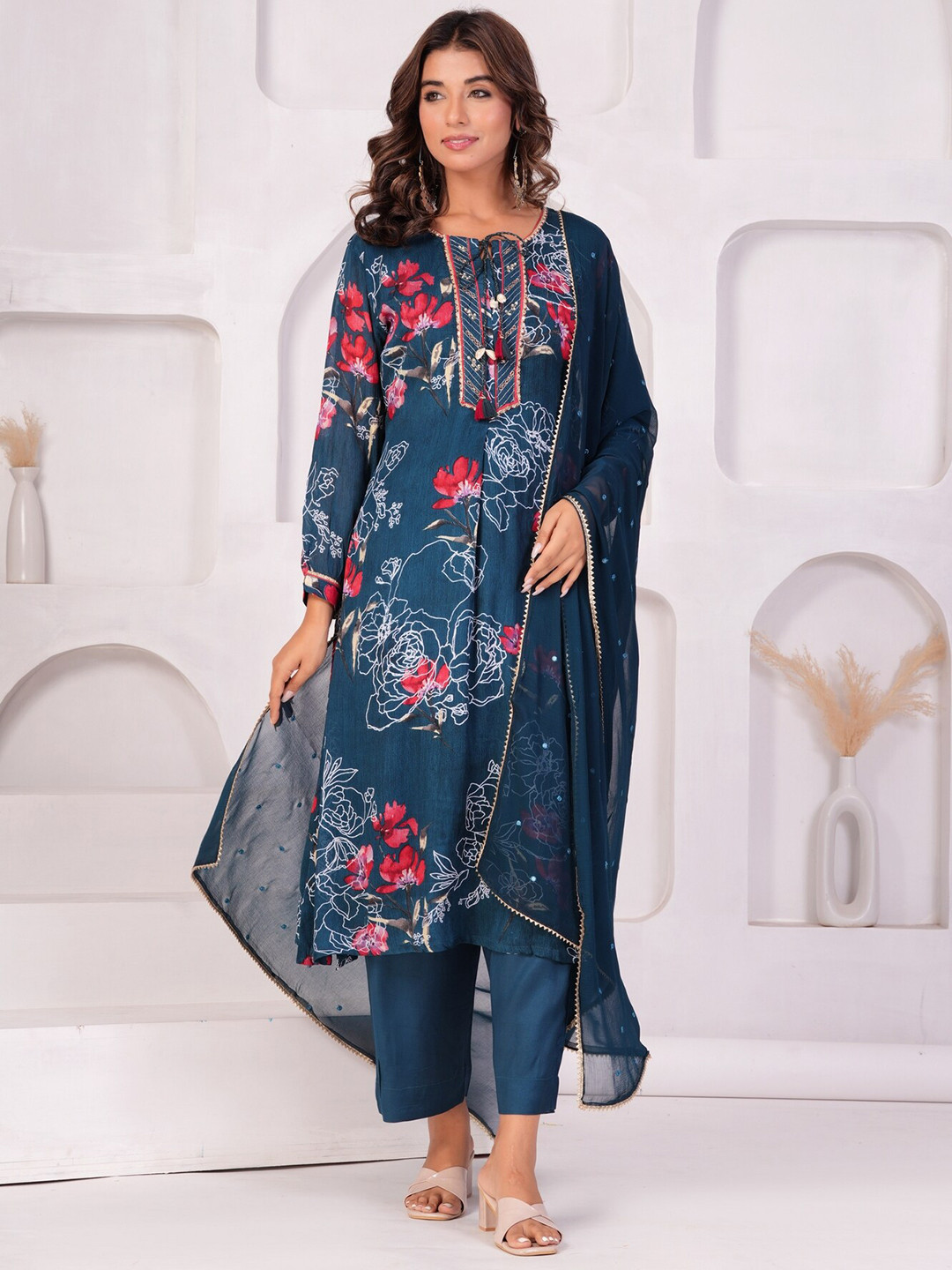 

KALINI Floral Yoke Design Regular Beads and Stones Kurta with Trousers & Dupatta, Blue