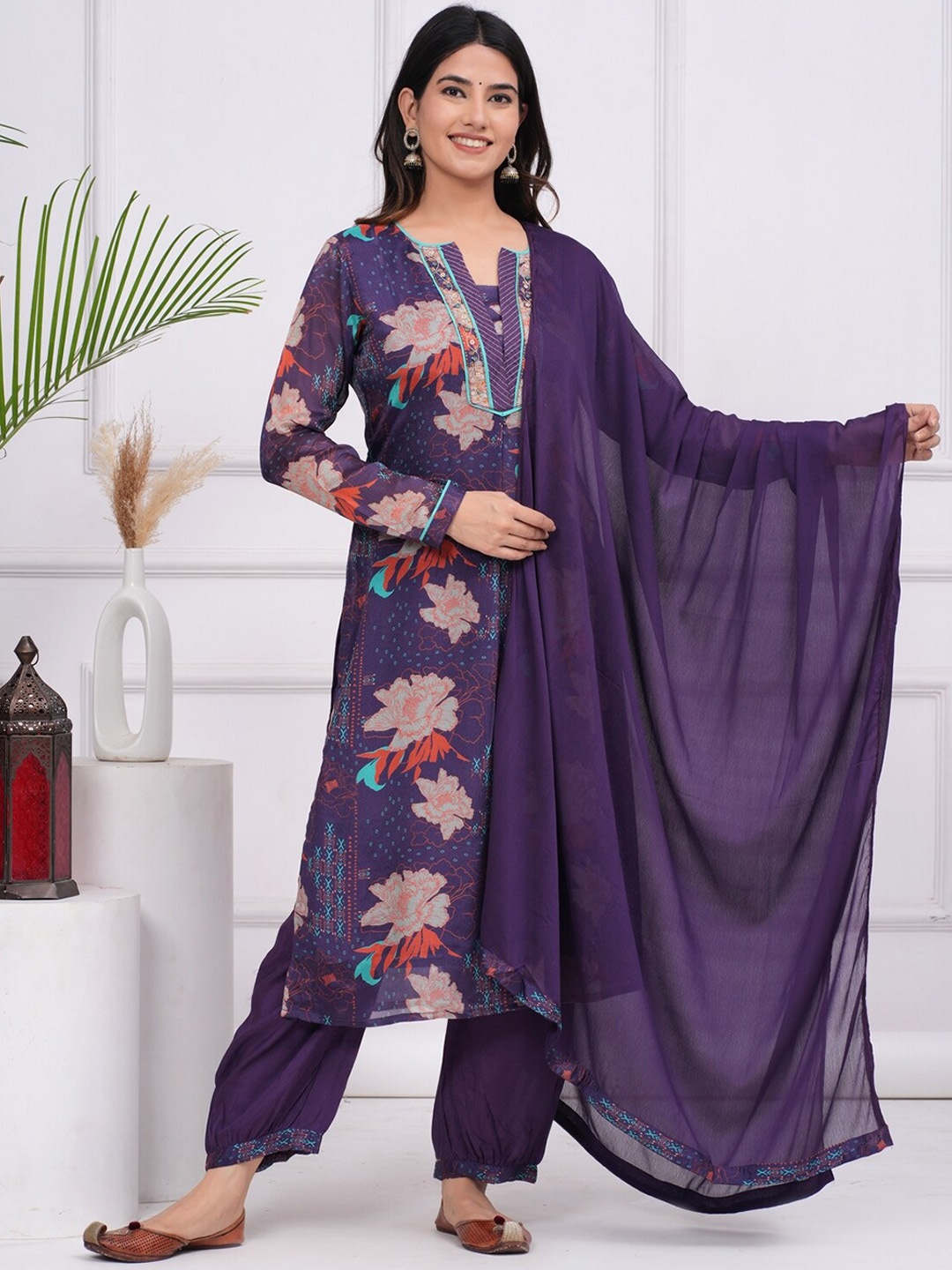 

KALINI Floral Printed Regular Beads and Stones Kurta with Salwar & Dupatta, Purple