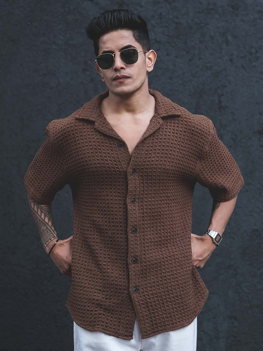 

Powerlook Brown India Slim Oversized Self Design Textured Cuban Collar Casual Shirt