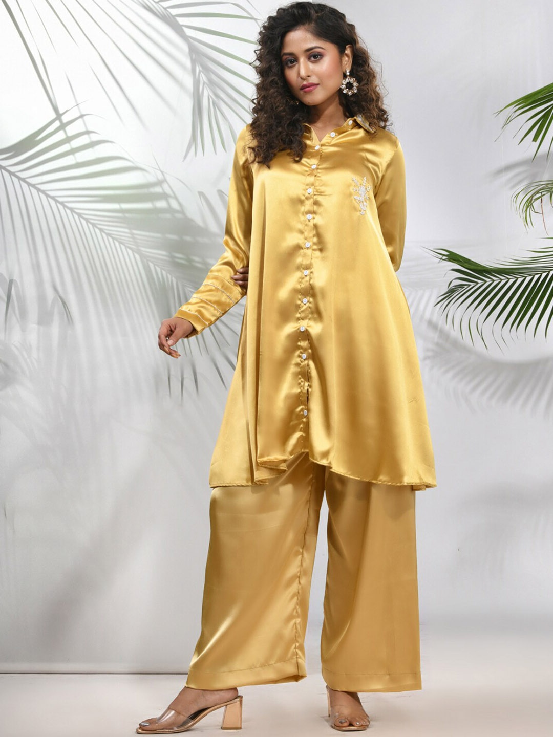 Charukriti Shirt Collar Satin Longline Shirt With Palazzo, Mustard