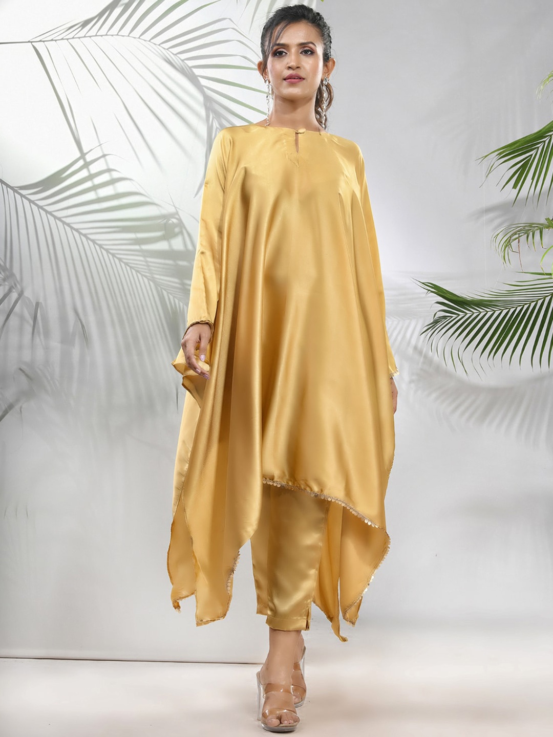 

Charukriti High Slit Sequinned Keyhole Neck Satin Kaftan Kurta With Trouser, Mustard