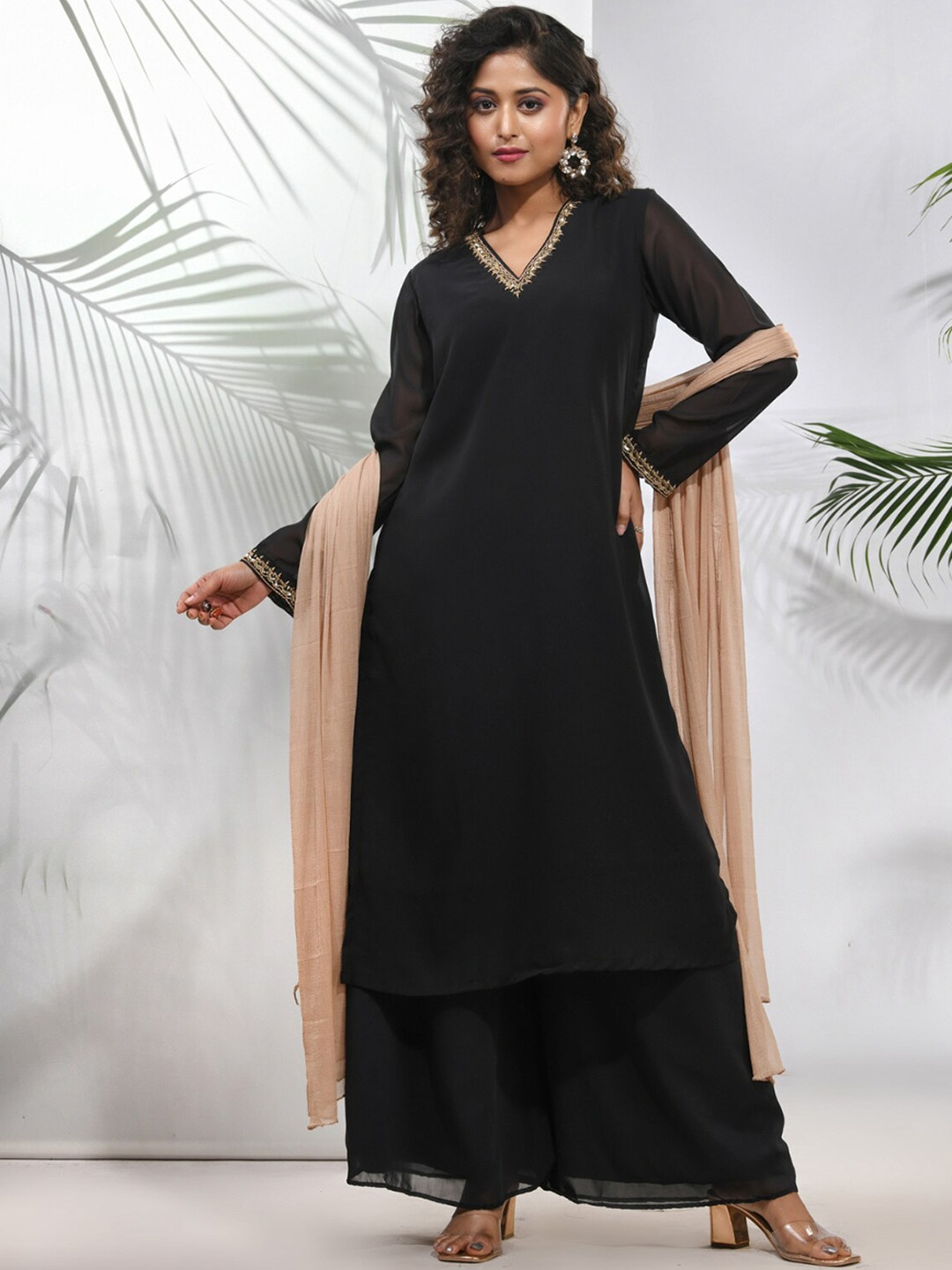 

Charukriti Embroidered Neck Regular Straight Kurta With Palazzos & Dupatta, Black