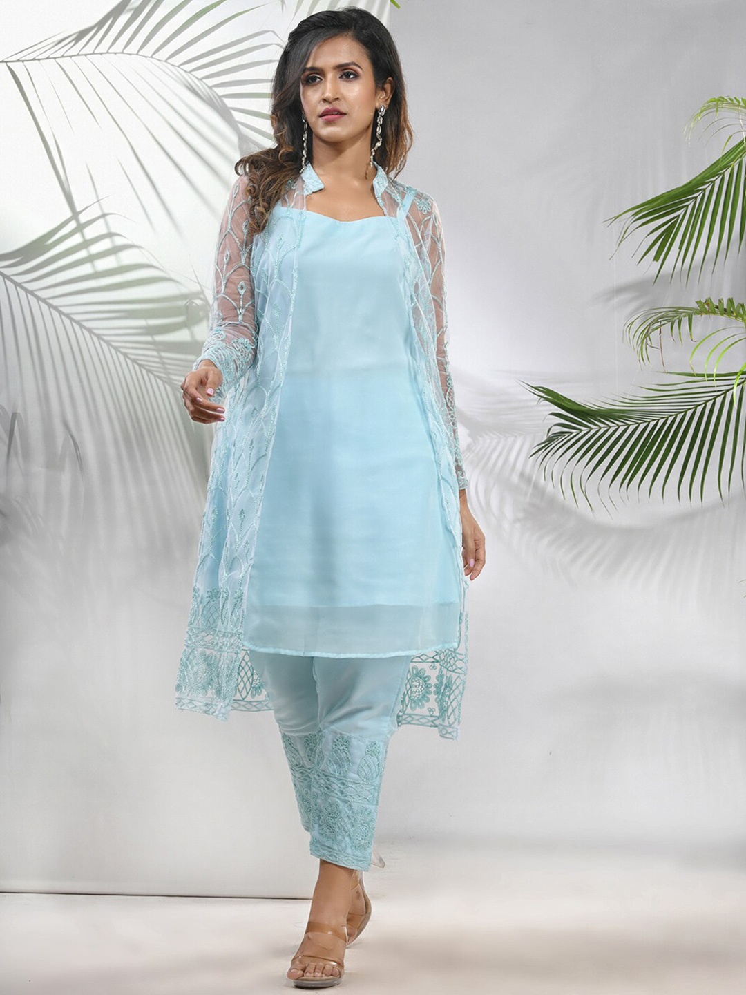

Charukriti Shoulder Strap Regular Straight Kurta With Trousers & Jacket, Sea green