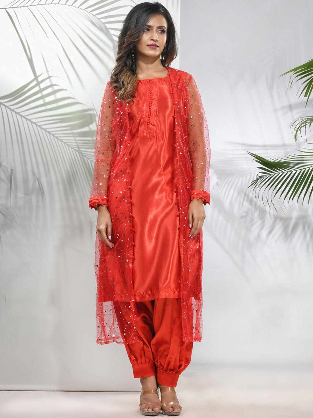 Charukriti Sleeveless Straight Kurta With Patiala & Embellished Jacket, Red