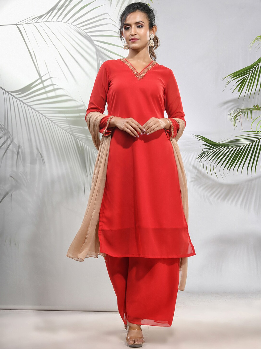 

Charukriti Embroidered Neck Regular Straight Kurta With Palazzos & Dupatta, Red
