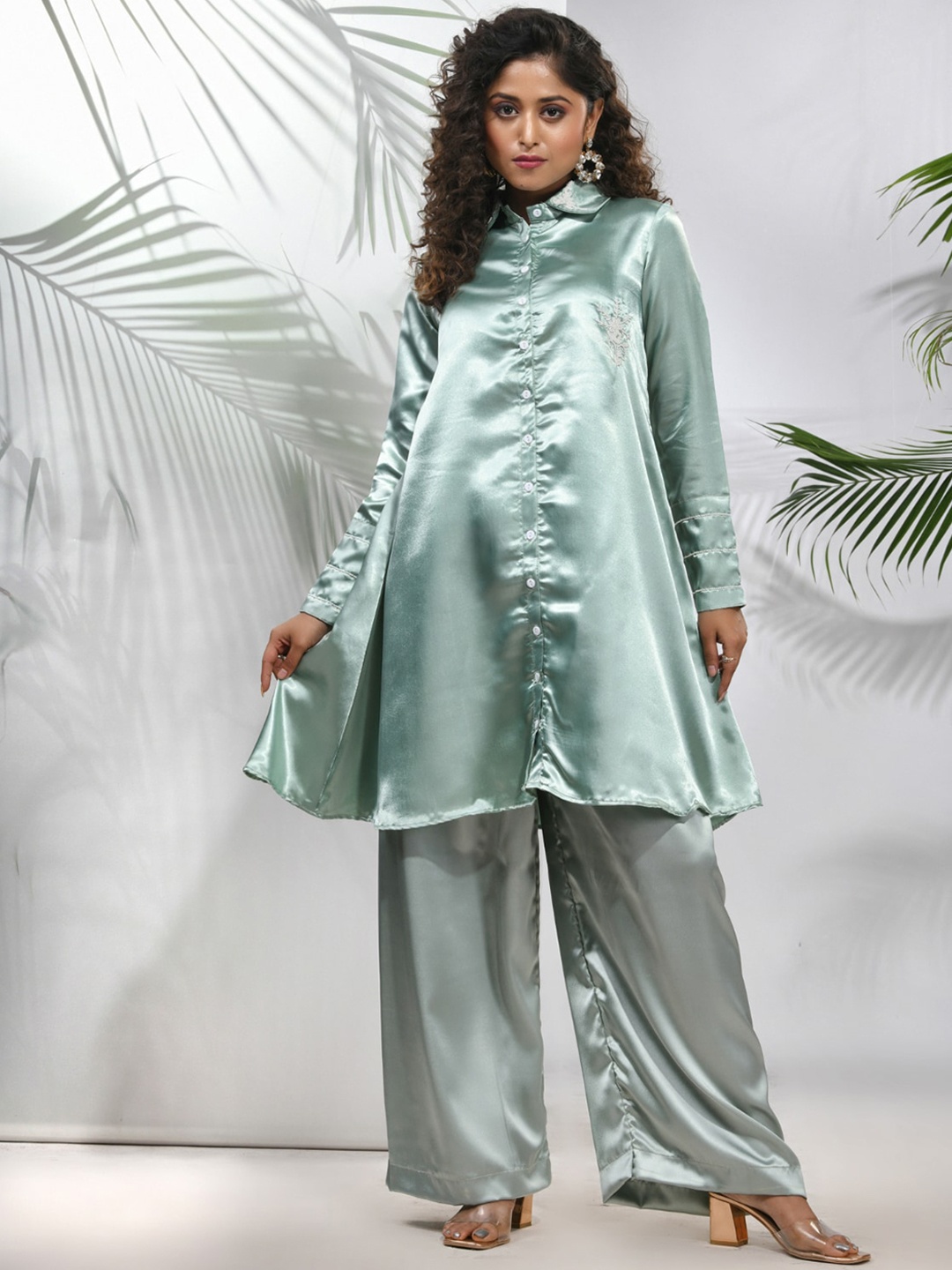 

Charukriti Beads Embellished Satin Tunic & Palazzos Co Ords, Green