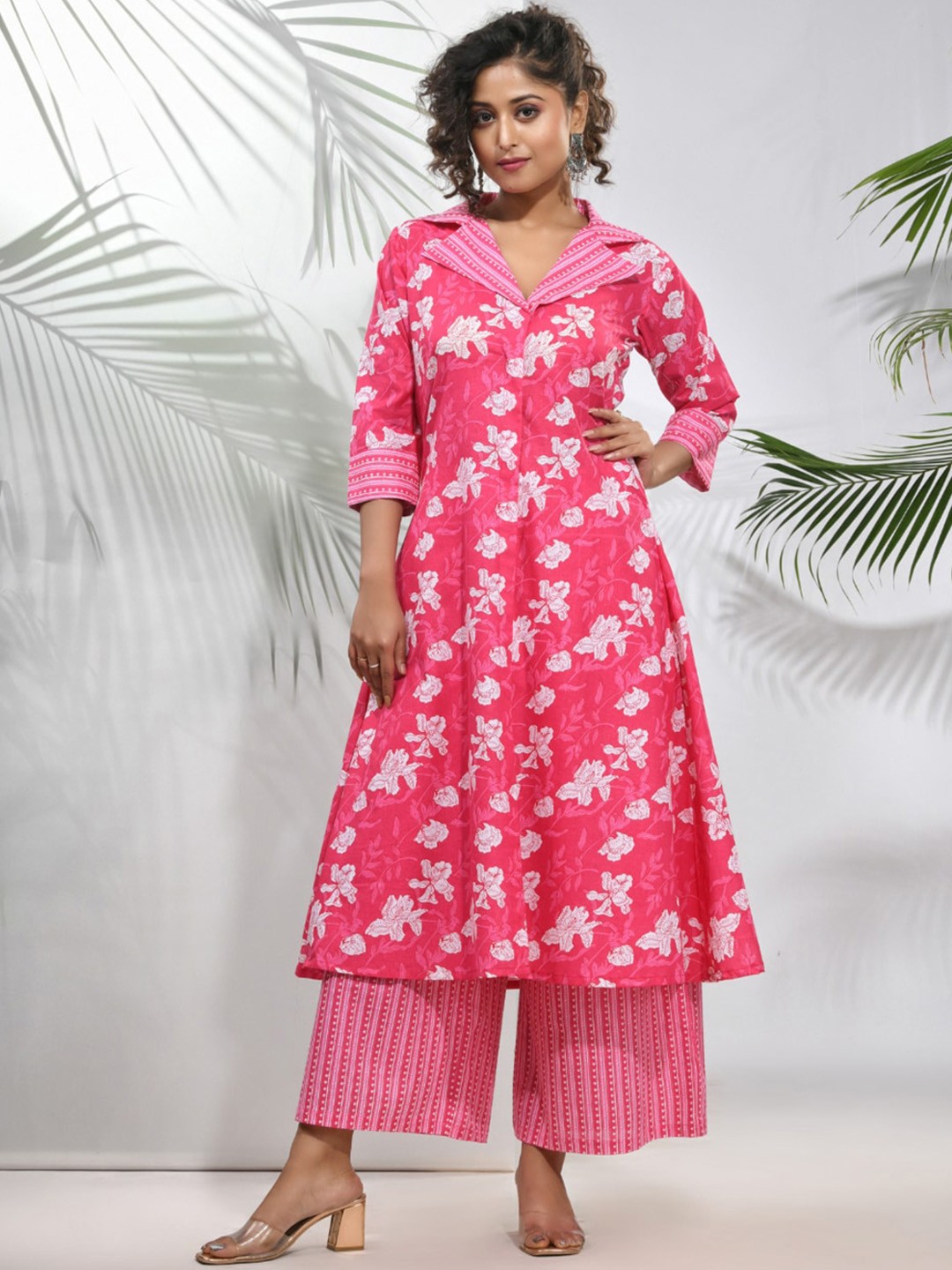 

Charukriti Floral Printed Shawl Collar Three-Quarter Sleeves Cotton Kurta with Palazzos, Pink