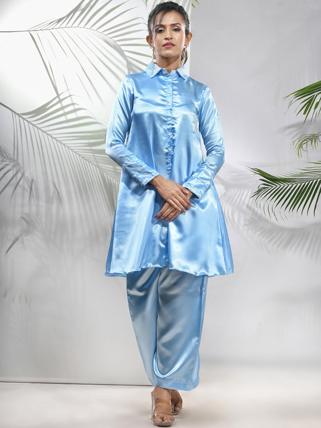 

Charukriti Beads Embellished Satin Tunic & Palazzos Co Ords, Blue