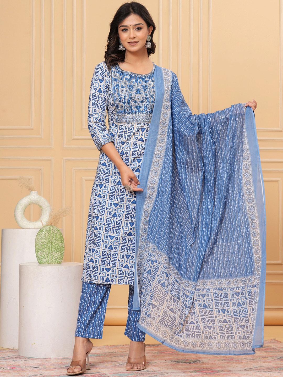

JVSP FASHION Ethnic Motifs Printed Round Neck Straight Kurta with Trousers & Dupatta, Blue