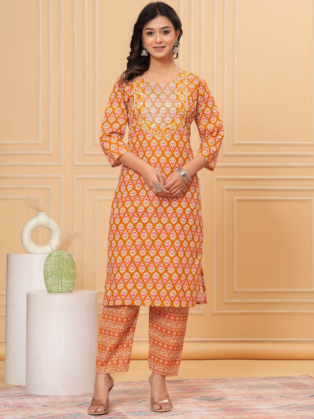 

JVSP FASHION Ethnic Motifs Printed Round NeckvPure Cotton Straight Kurta with Trousers, Orange