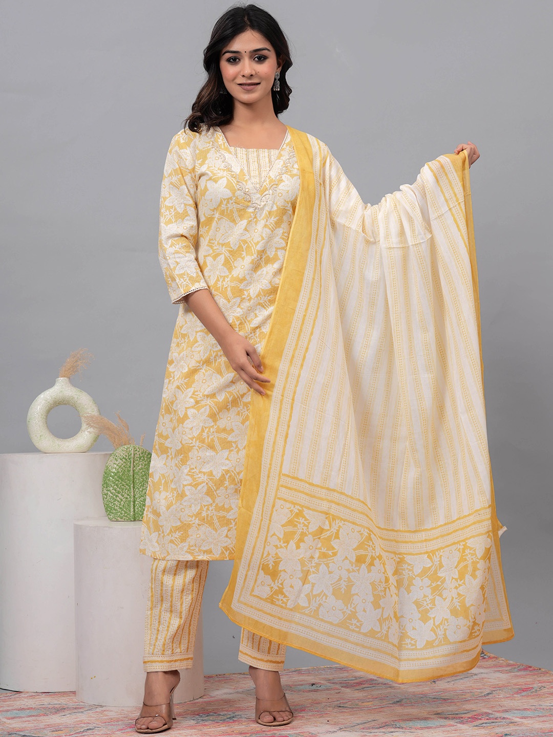 

JVSP FASHION Women Floral Embroidered Regular Pure Cotton Kurta with Pyjamas & With Dupatta, Yellow
