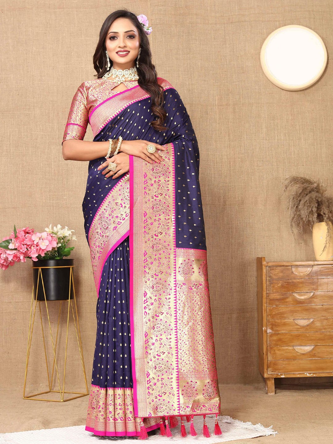 

ZILVIRA Woven Design Zari Pure Silk Banarasi Saree, Navy blue