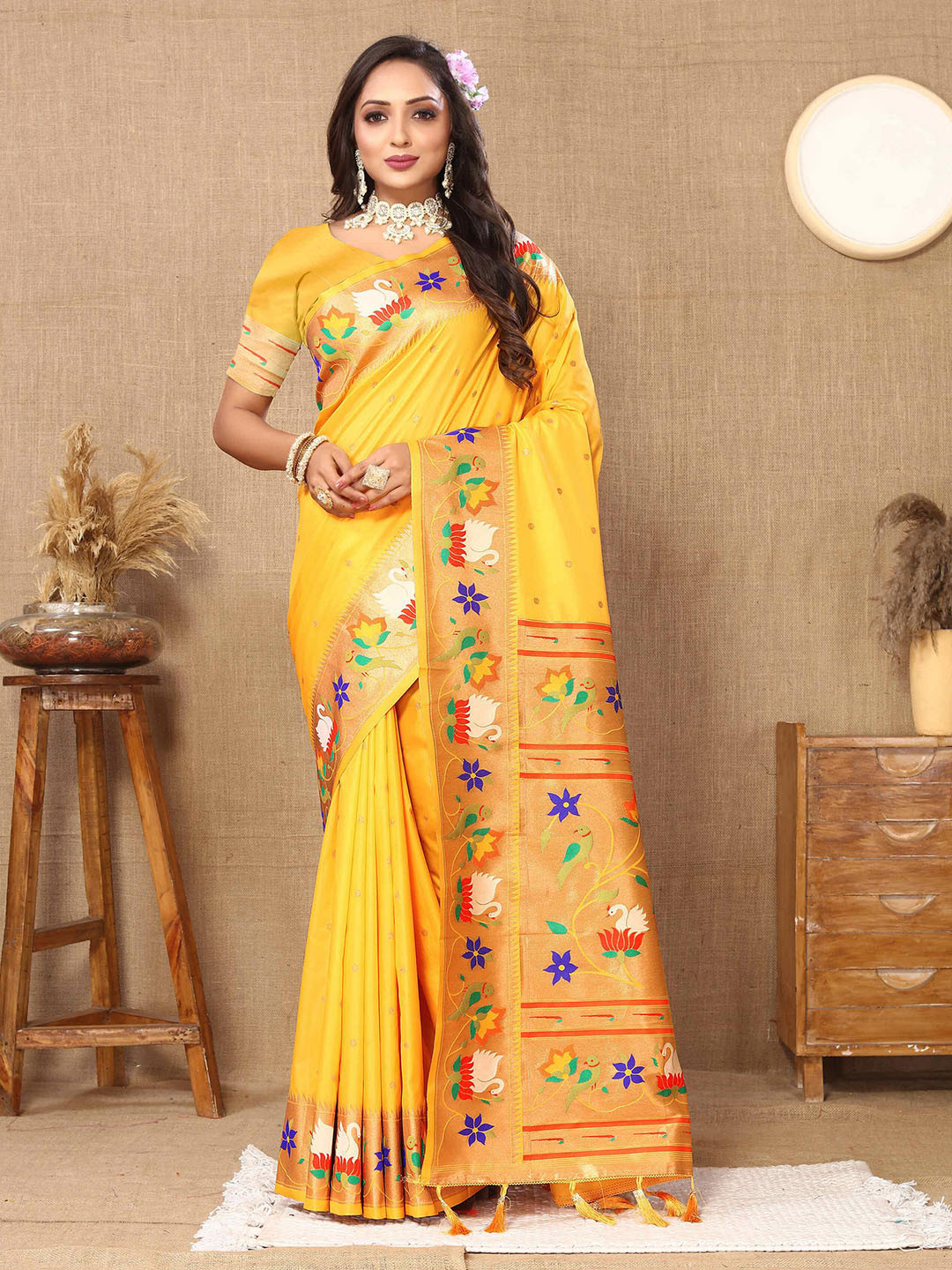 

ZILVIRA Woven Design Zari Pure Silk Paithani Saree, Yellow