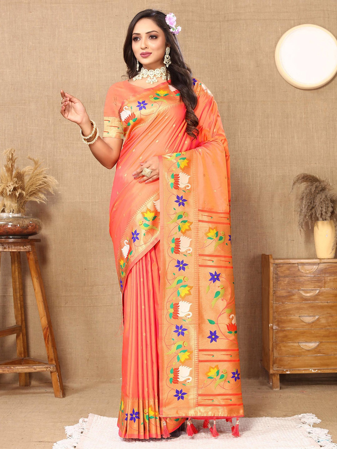 ZILVIRA Floral Zari Pure Silk Paithani Saree, Orange