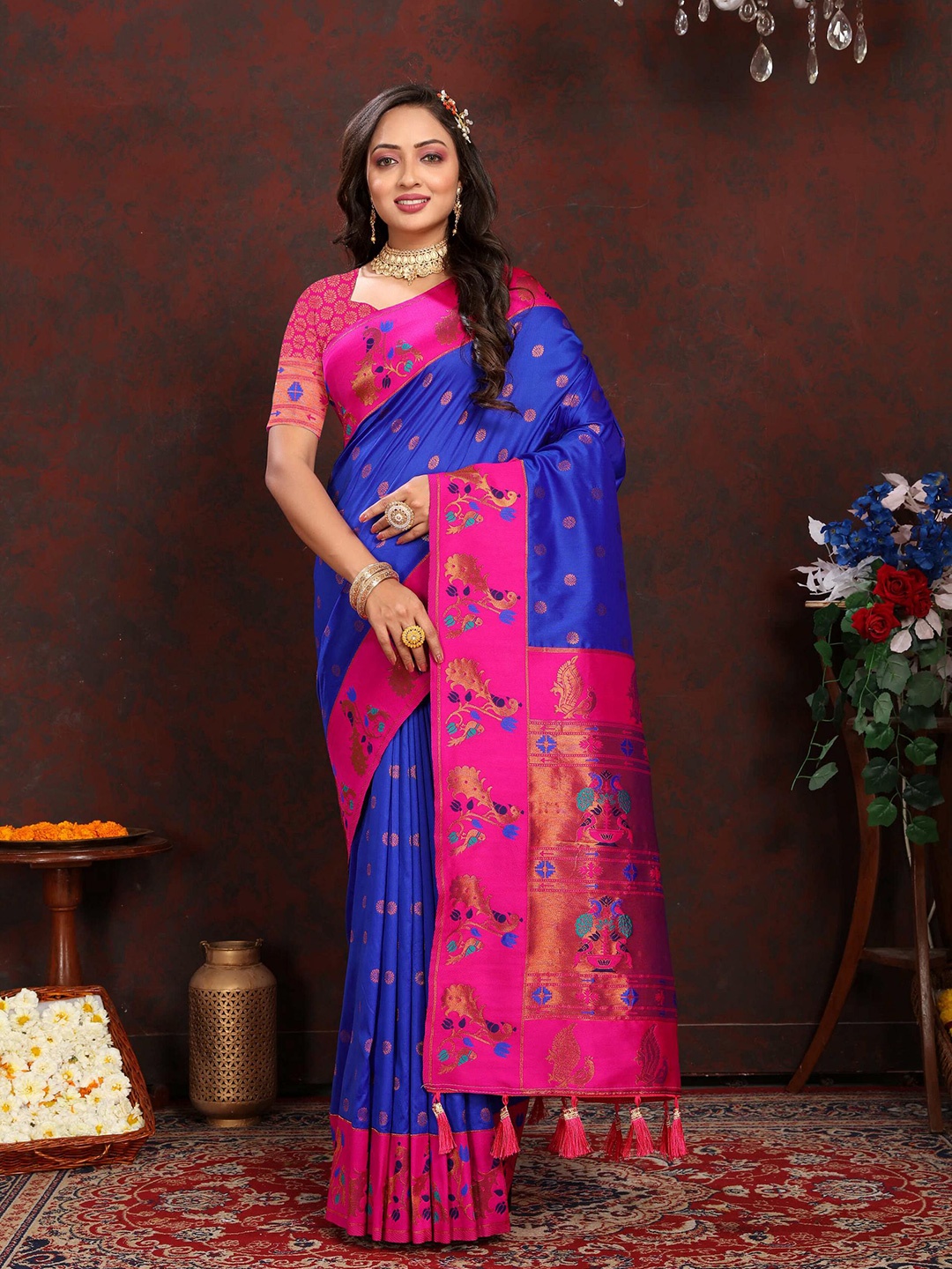 

ZILVIRA Woven Design Zari Pure Silk Paithani Saree, Blue