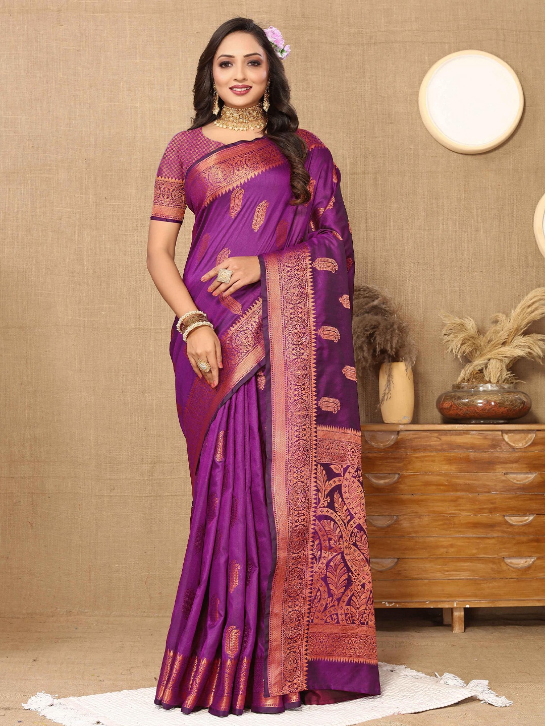 

ZILVIRA Woven Design Zari Banarasi Saree, Purple