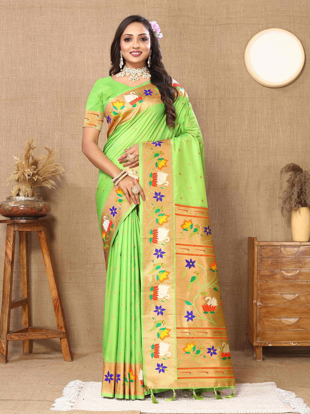 

ZILVIRA Ethnic Motifs Woven Design Zari Pure Silk Paithani Saree, Sea green