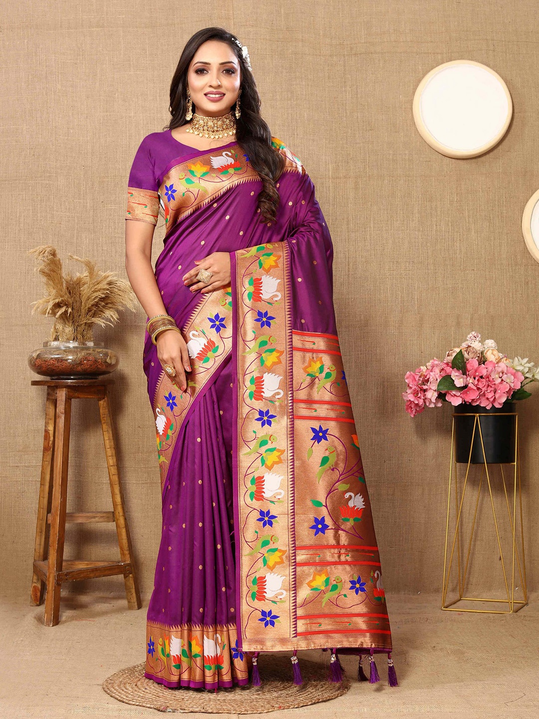 

ZILVIRA Ethnic Motifs Woven Design Zari Pure Silk Paithani Saree, Purple