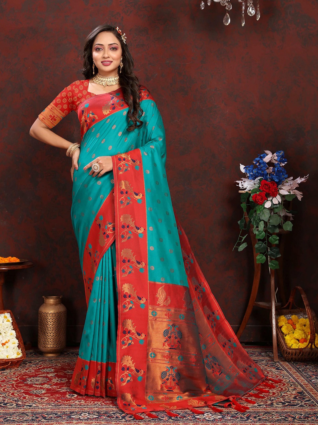 

ZILVIRA Ethnic Motifs Woven Design Zari Pure Silk Paithani Saree, Teal