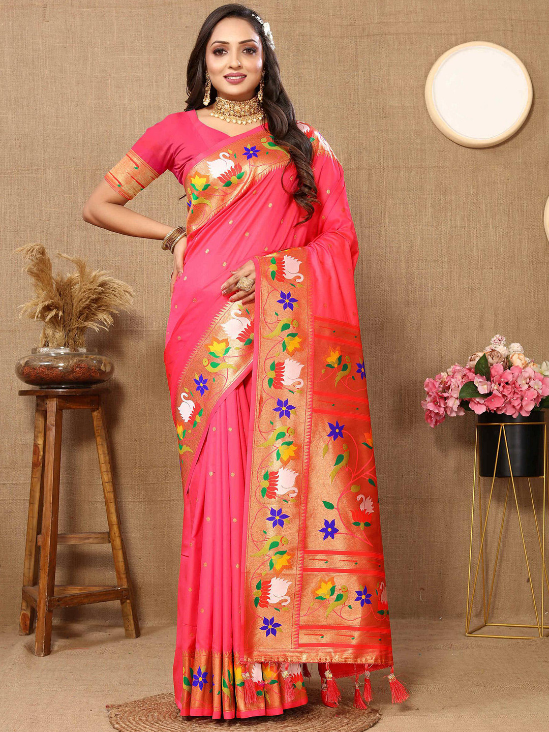 

ZILVIRA Woven Design Zari Pure Silk Paithani Saree, Orange