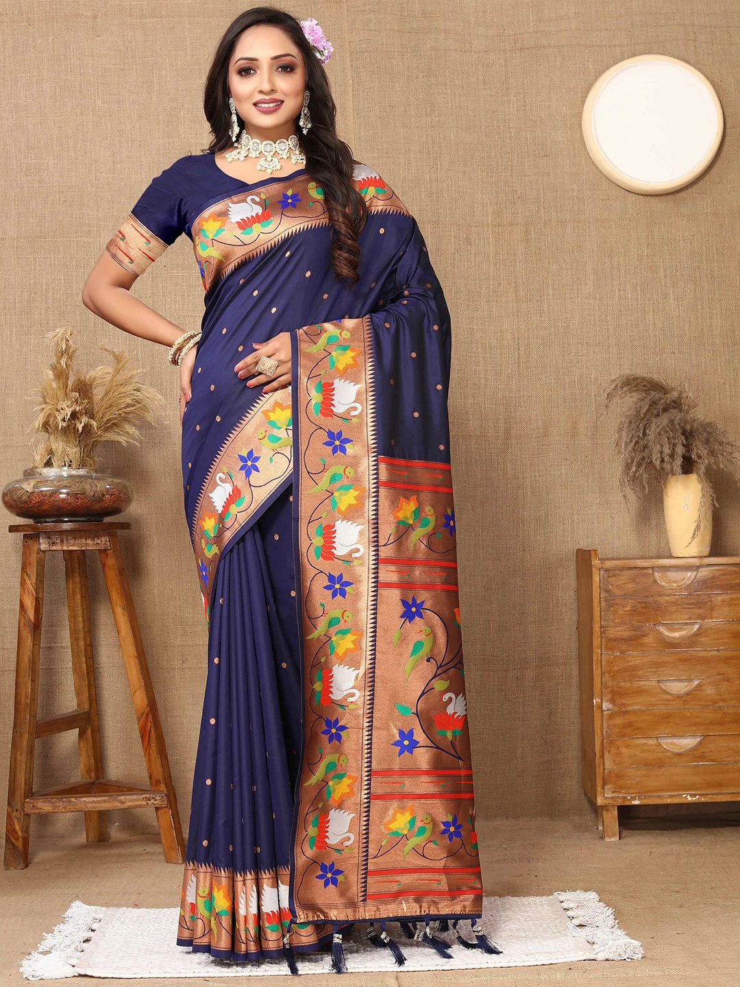 

ZILVIRA Woven Design Zari Pure Silk Paithani Saree, Navy blue