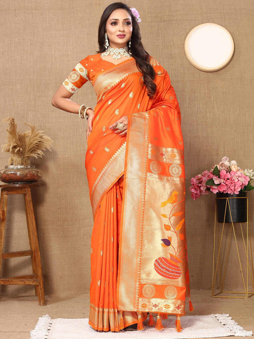 

ZILVIRA Woven Design Zari Pure Silk Paithani Saree, Orange