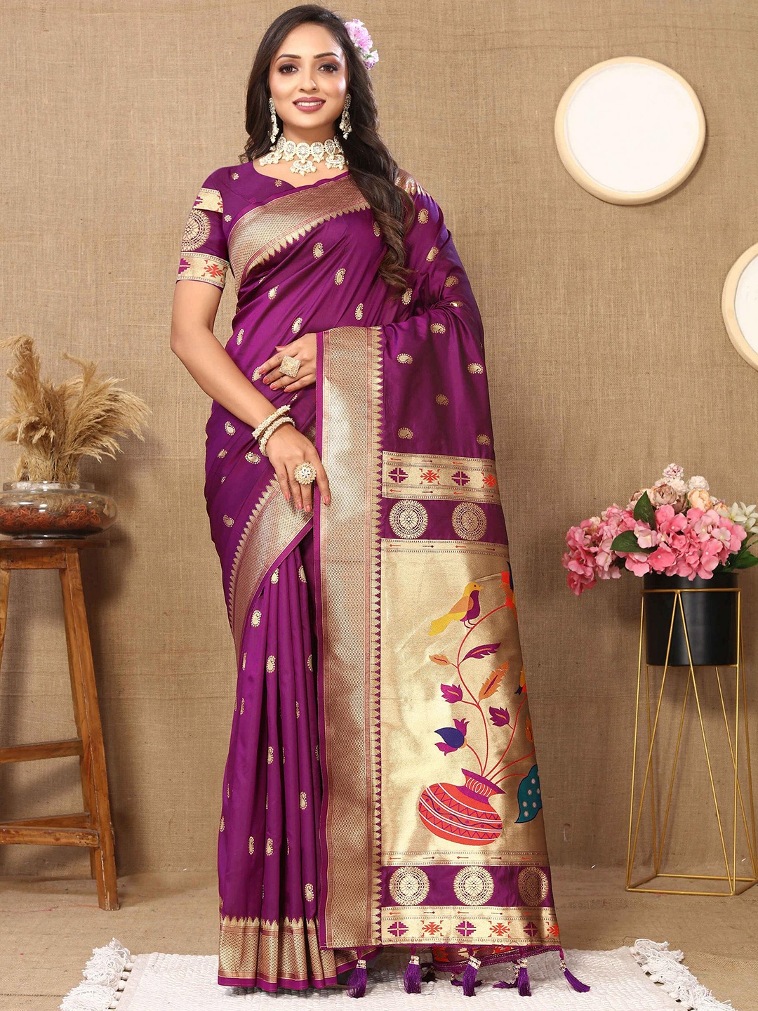 

ZILVIRA Woven Design Zari Pure Silk Heavy Work Paithani Saree, Purple