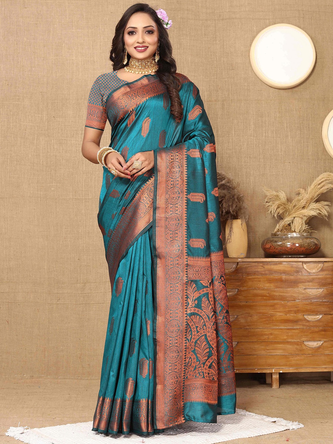 

ZILVIRA Ethnic Motifs Woven Design Zari Banarasi Saree, Teal