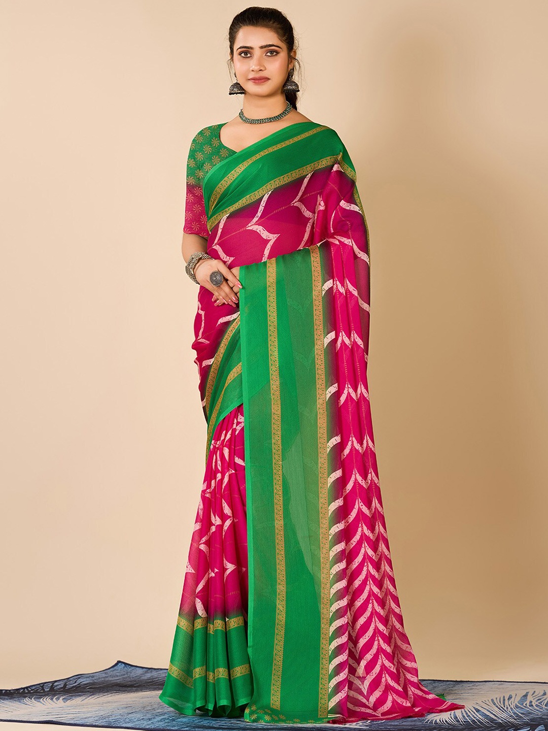 NIRMAL CREATION Zari Abstract Printed Saree, Rose
