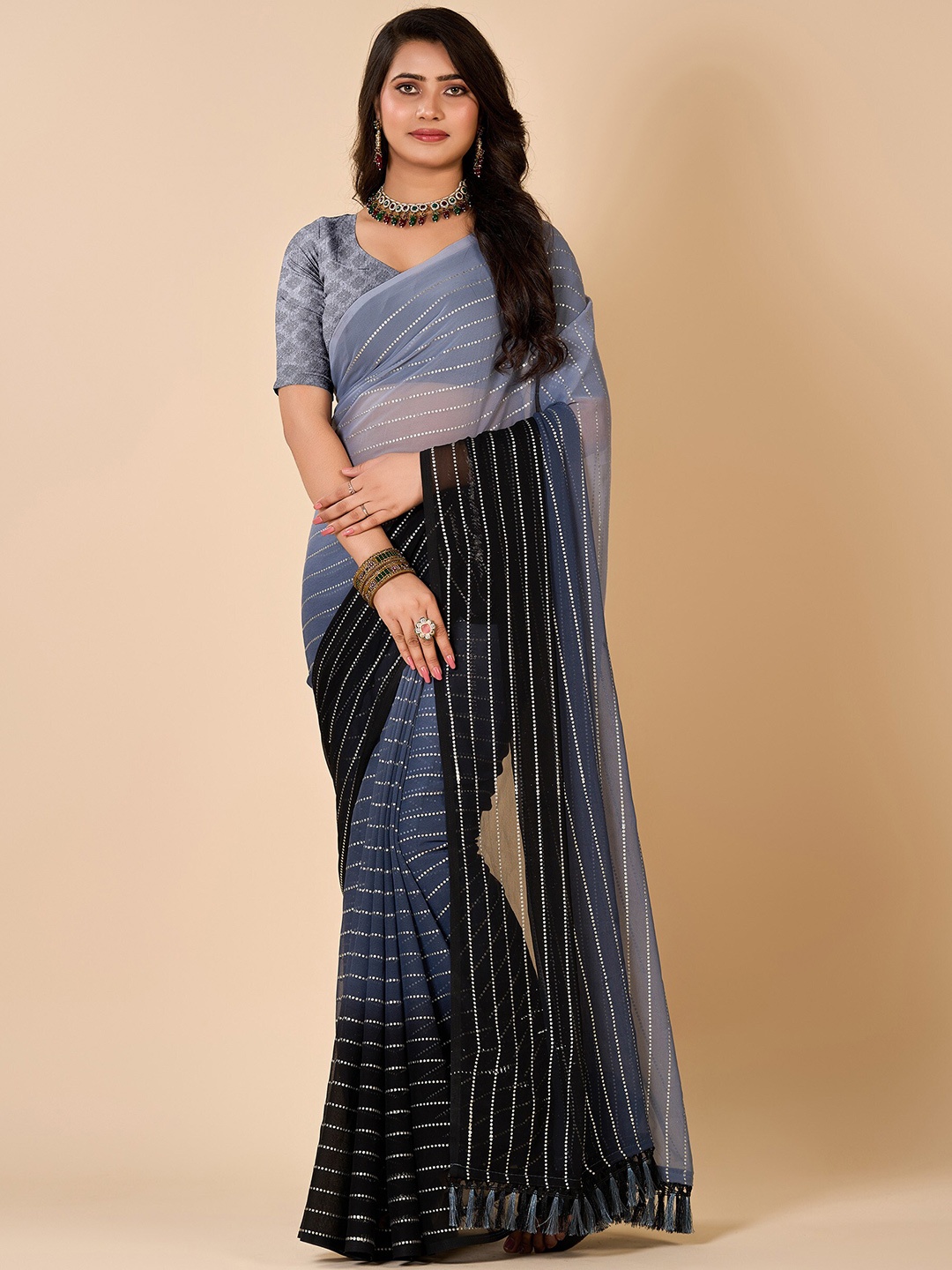 

NIRMAL CREATION Striped Printed Saree, Grey