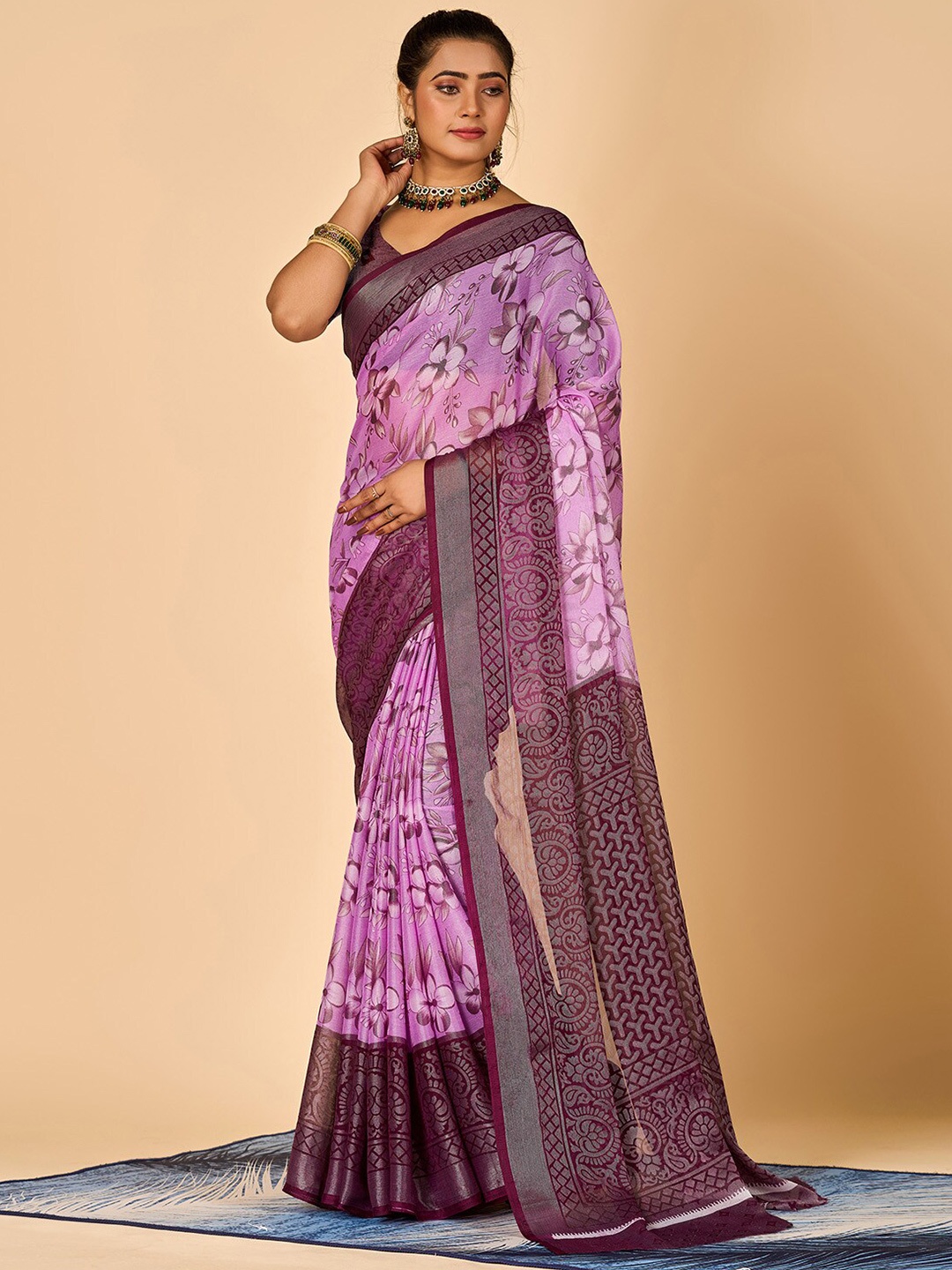 

NIRMAL CREATION Floral Printed Zari Saree, Purple