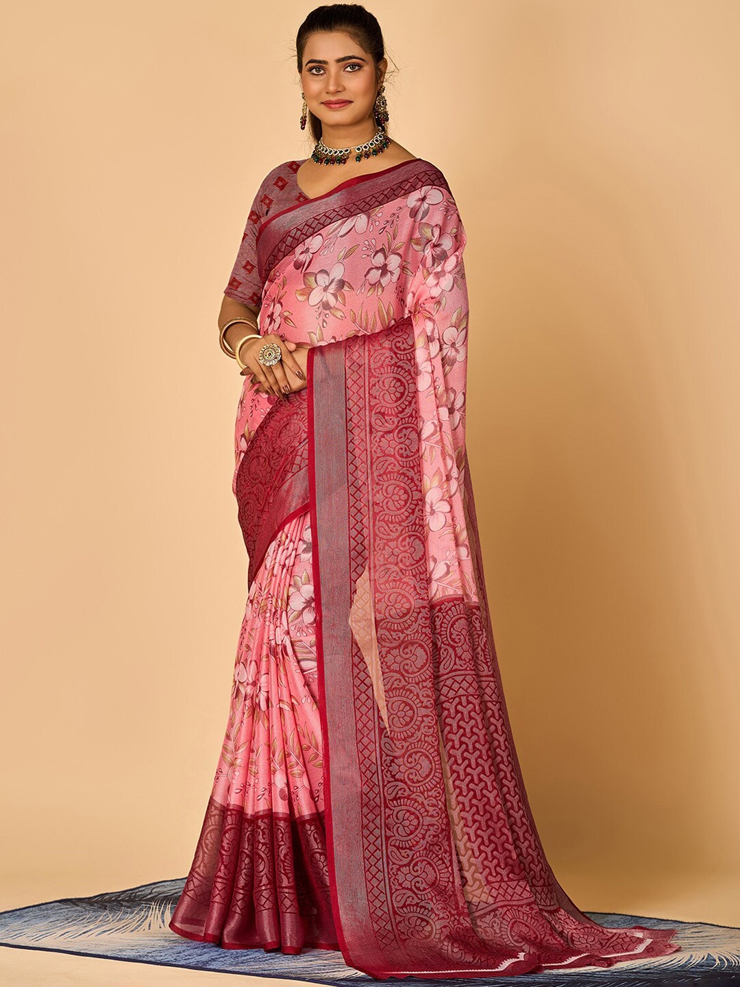 

NIRMAL CREATION Floral Printed Zari Saree, Pink