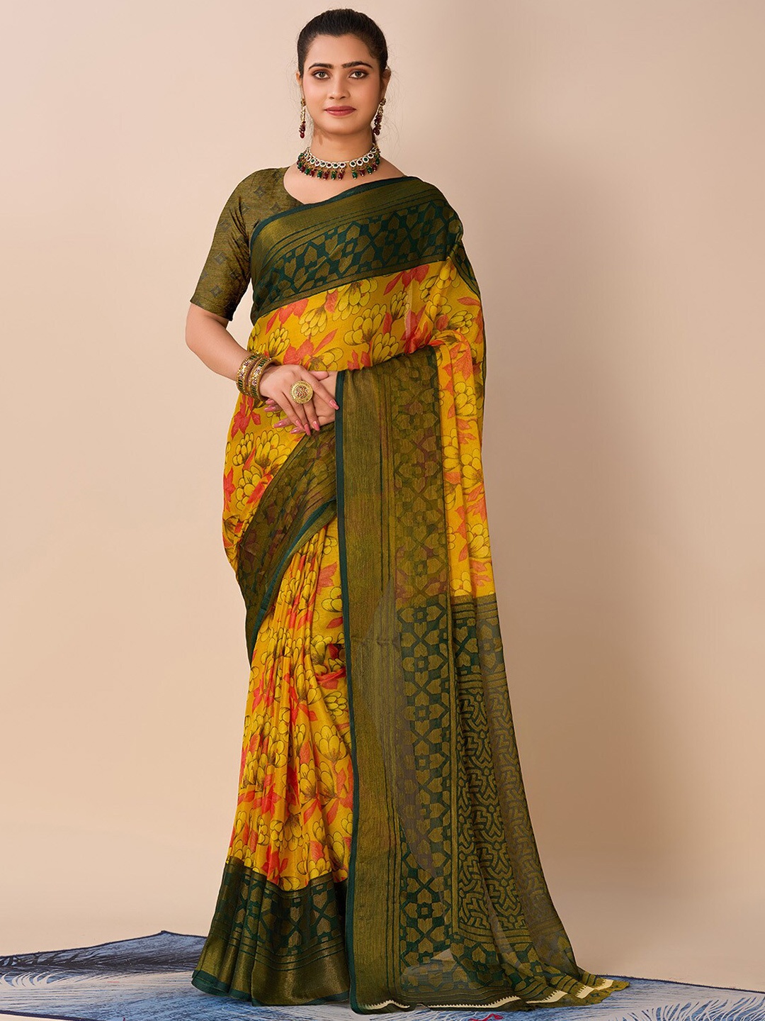 

NIRMAL CREATION Floral Printed Saree, Mustard